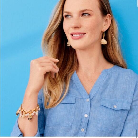 Talbots Light Blue LINEN Camp Blouse Size LARGE PETITE - Picture 2 of 10